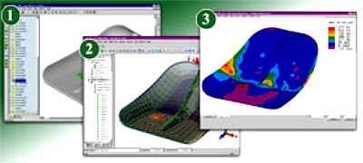 Engineer James Shaw designed the G3 AviMatrix Shovel prototype using SolidWorks CAD solid modeler (1) and ALGOR's InCAD software technology (2 and 3). This technology provided seamless data exchange so Shaw could perform linear static stress analysis on his exact SolidWorks geometry without any file translation. Model courtesy of James Shaw, G3 Genuine Guide Gear Inc.