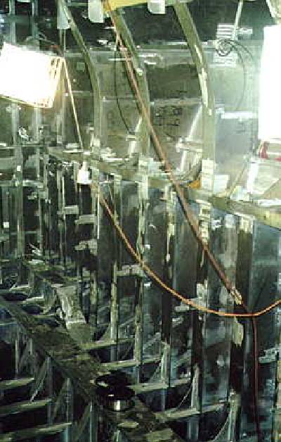 Inside view of aluminium superstructure in an Incat catamaran under construction.