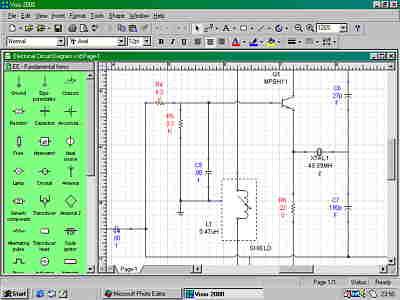 Circuit diagramming in Microsoft Visio 2000 Technical.  Shapes are dragged from the (green) shape stencil into the drawing page.