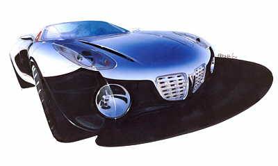 Early sketch shows dual port grill; strong wheel-to-body relationship; wide planted stance; and taut, athletic shapes of the concept roadster. Image courtesy General Motors and Alias|Wavefront.