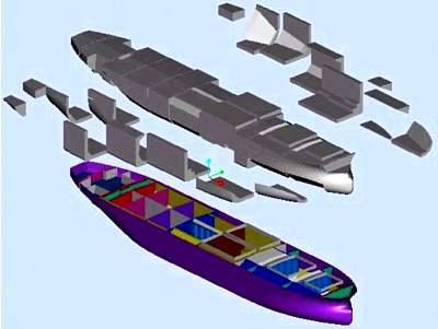 Exploded view of ship compartment using Basic Hull application created by PTC’s partner Hyundai Heavy Industries. 