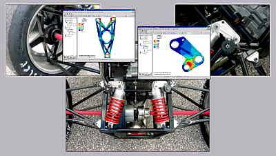 The Saginaw Valley State University Formula SAE team's 2002 racecar, which earned sixth place in the annual competition at the Pontiac Silverdome, included uprights (top left) and rockers (top right) in the suspension (rear shown in center) that were built after Solid Edge designs were satisfactorily validated using static stress analysis in ALGOR. . (Photograph courtesy of Dr. Brooks Byam, Saginaw Valley State University Formula SAE team.)