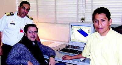 The SIMA team that designed and analyzed the Leyla barge included (top) naval captain Víctor Pomar Calderon, SIMA Callao chief; Domingo Mussio, engineering department chief; and Eddy Cordova, structural projects chief designer.