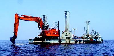 SIMA Peru S.A. designed and manufactured this steel barge with spud legs, named Leyla, which carried a 180-ton excavator to dredge an undersea canal in Pisco Bay off the Pacific coast of Loberia.  SIMA used ALGOR FEA to verify and optimize the barge design.  (Photograph courtesy of Pluspetrol Peru Corporation.)