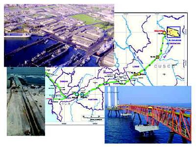 The Leyla barge was designed and manufactured at the SIMA shipyard in Callao, Peru (upper left).  As shown in the map, two pipelines, one for natural gas and the other for natural gas liquids, run from the Camisea fields in eastern Peru, one of the world's largest resources of natural gas, to the Pacific coast of Loberia.  There, undersea piping was installed (lower left) to transport products made from natural gas liquids at the Pisco fractionation plant to a marine platform (lower right) for export on ships.  (Pipeline photographs courtesy of Pluspetrol Peru Corporation.)