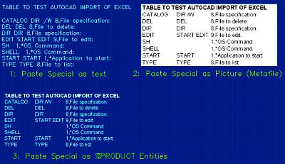 A partial screen capture of AutoCAD showing 3 ways of pasting Excel data from the clipboard.