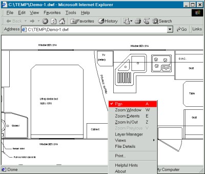 This is how a DWF file is viewed in a DWF-enbaled browser.  Note the pop-up display control menu.
