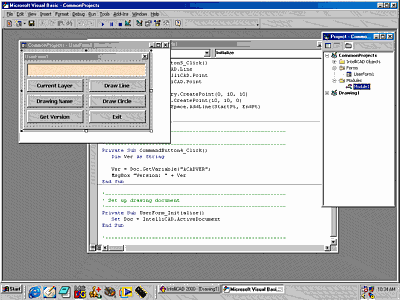 A general view of the VBA Editor Screen showing the Project window on the right side of the screen, the test program form on the left and a code window in the middle of the screen.