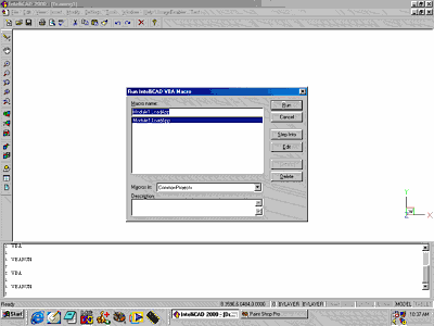 The IntelliCAD Screen showing the Macro form used to load VBA functions. Note the 