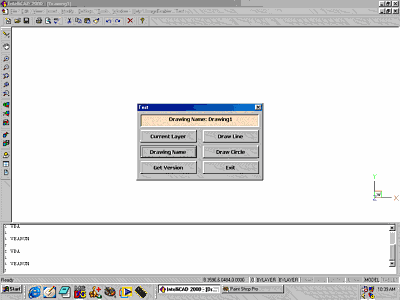 The IntelliCAD Screen showing the test program running. This is the output resulting from the 'Get Drawing Name' button being used.