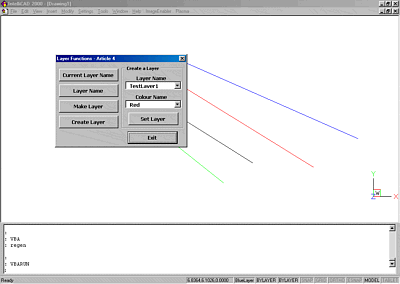 Our example 'Layer Function' program's dialogue box, open on the IntelliCAD screen.