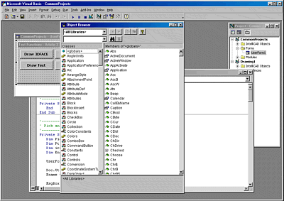 The open 'Object Browser' dialogue box, showing the contents of all the available programming libraries.