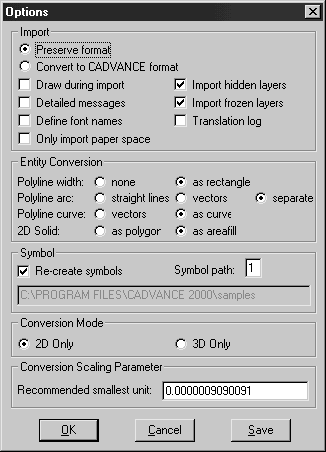 Conversion options are set in a dialog box that pops up before conversion starts.