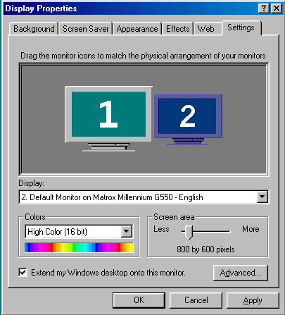 Display Properties screen with the Matrox dual screen (DuaHead) configuration.