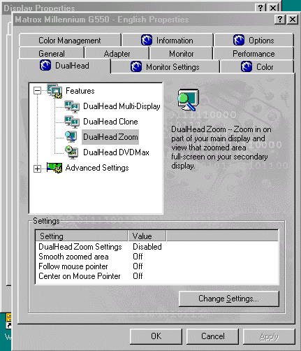 DualHead settings screen, showing the available options.