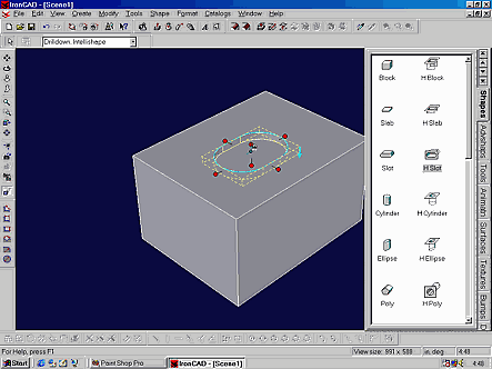 IronCAD main drawing screen showing the drag-and-drop component catalogs on the right.  A 3D solid model block is displayed, with a large slot placed in the top surface.  The red handles can be selected to interactively resize the slot.