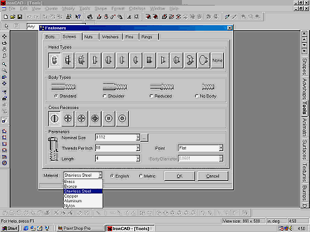 The IronCAD 2.0 main drawing screen with a dialog box shown to define the specific parameters for a fastener.
