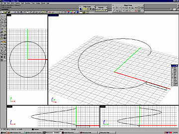 A helix with the roadway profile (rectangle below redline and adjacent to lower end of helix) in Rhino.