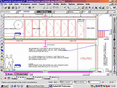 The TurboCAD screen at 800x600 resolution showing the Palette panel collapsed to its tabs at the right, and one of the sample DWG files from AutoCAD LT2000 open.