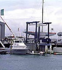 The Team Prada boat sitting on the dock in Auckland.